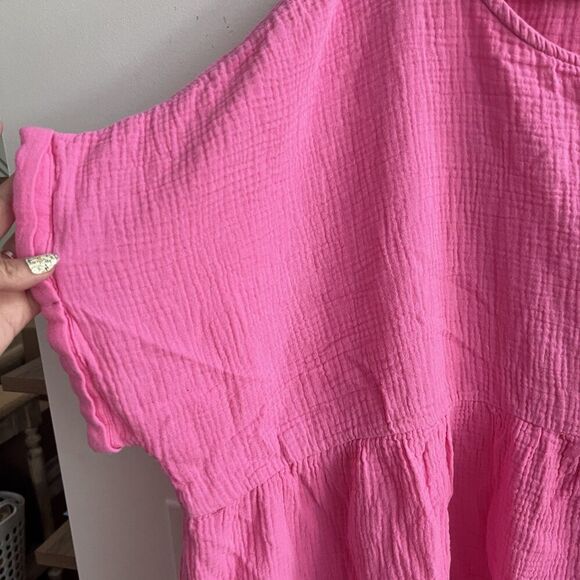 First Love Hot Pink Gauze Peplum Blouse 2X Relaxed Fit Top 100% Cotton Lagenlook - Picture 3 of 8